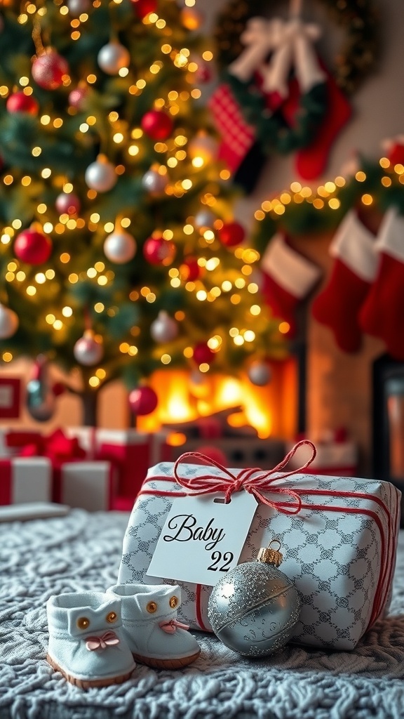 Creative Christmas Pregnancy Announcement Ideas for Baby #2 A Christmas scene with a gift labeled
